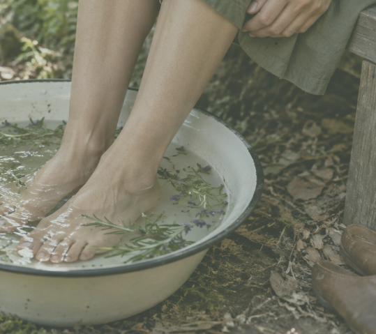 Baño de pies o pediluvio con plantas e hidrolatos en un entorno natural