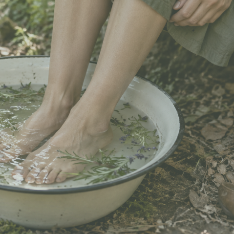 Baño de pies o pediluvio con plantas e hidrolatos en un entorno natural