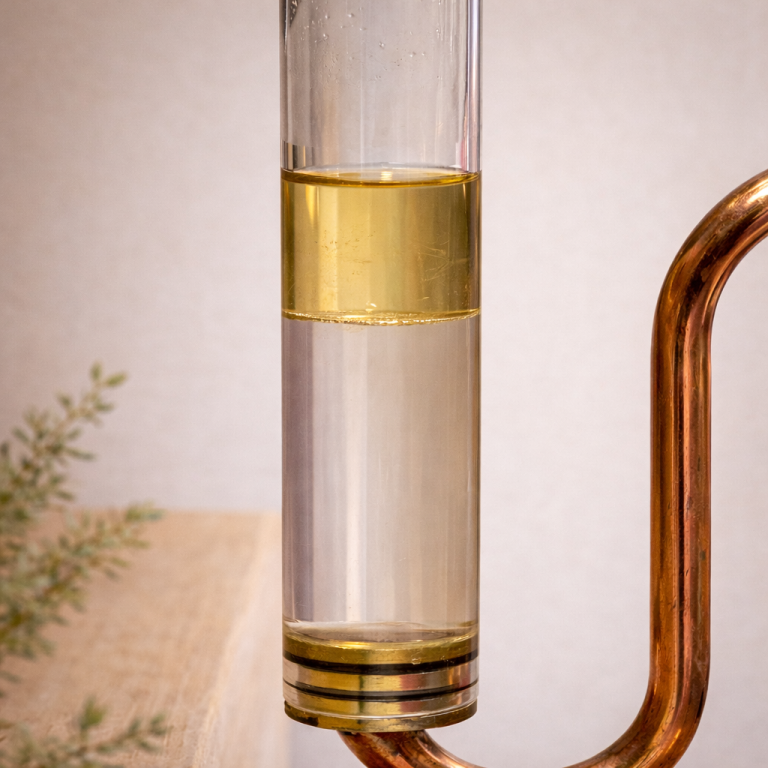 Decantador de cobre con hidrolato y capa de aceite esencial tras la destilación