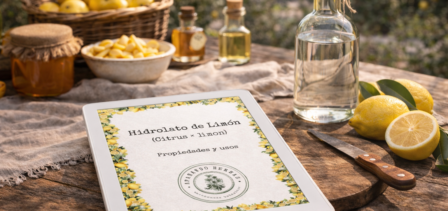monográfico de limón con limones y frascos de ingredientes en una mesa.