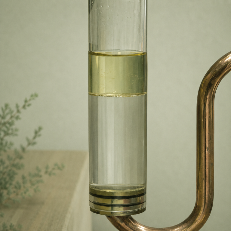 Decantador de cobre con hidrolato y capa de aceite esencial tras la destilación