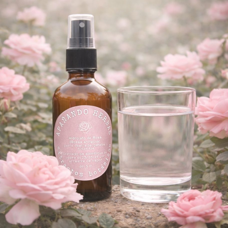 Cata herbal con hidrolato de rosa diluido en agua en un vaso junto a botella de hidrolato de rosa