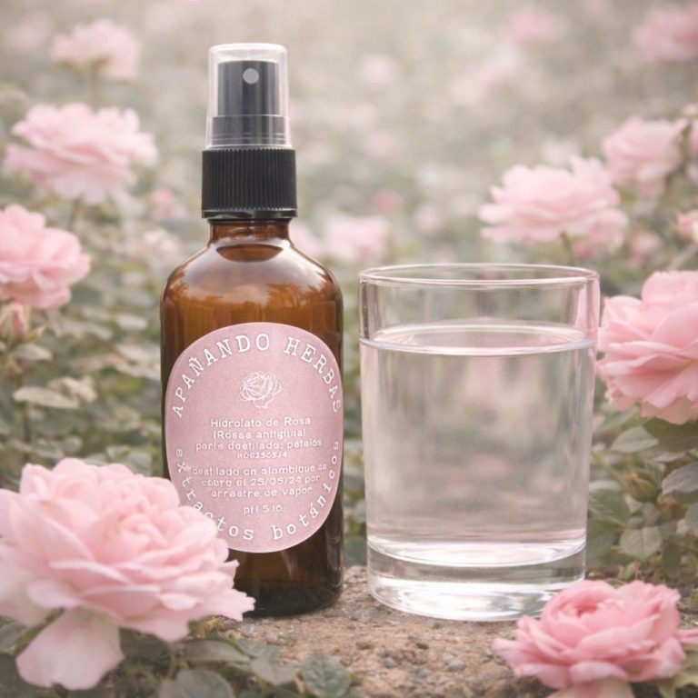 Decantador de cobre con hidrolato y capa de aceite esencial tras la destilación