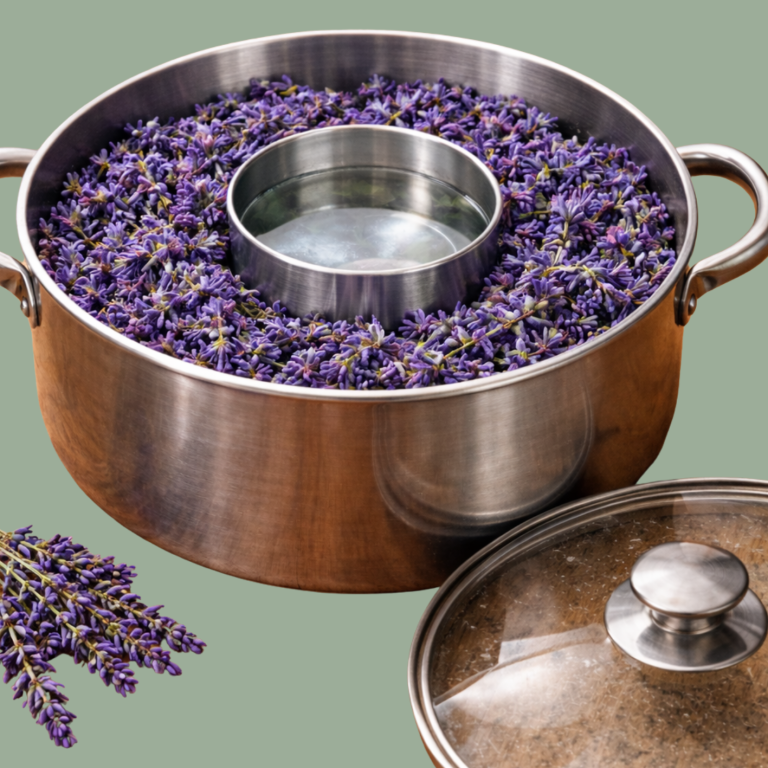 Flores de lavanda en olla de inox para destilación casera