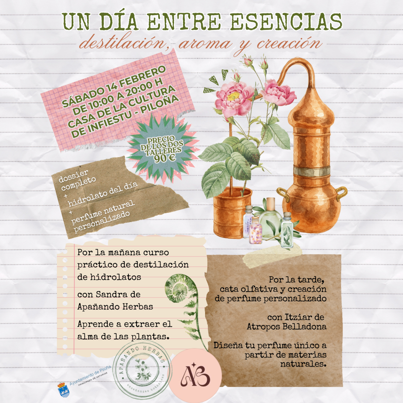 Cartel "Un día entre esencias" Infestu Piloña: destilación de hidrolatos y creación de perfume natural por Apañando Herbas-Atropo Belladona