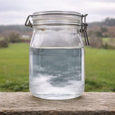 Flóculos en los hidrolatos: frasco de hidrolato de rosa con flóculo visible