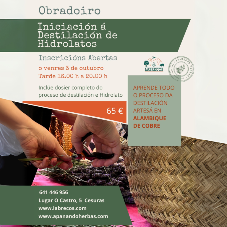 cartaz obradoiro de iniciación á destilación de hidrolatos en Labrecos, Oza Cesuras, Galicia o 3 de outubro de 2025